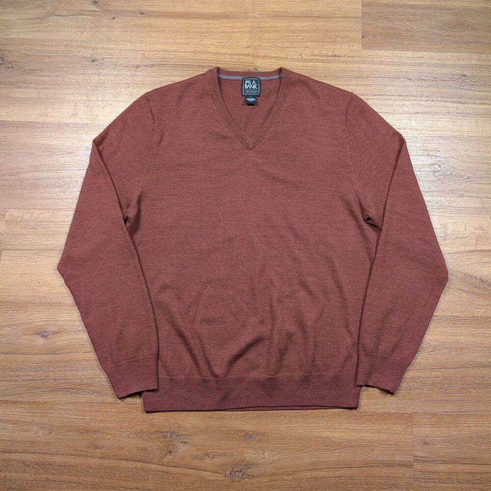 Jos A Bank Traveler V-Neck Sweater Mens Large 100% Merino Wool Red Rust Burgundy